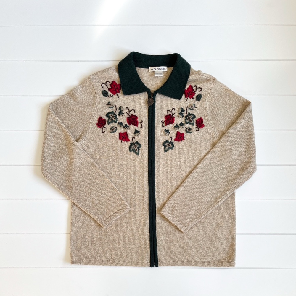 Beige Cardigan with Red and Green Leaves Embroidery